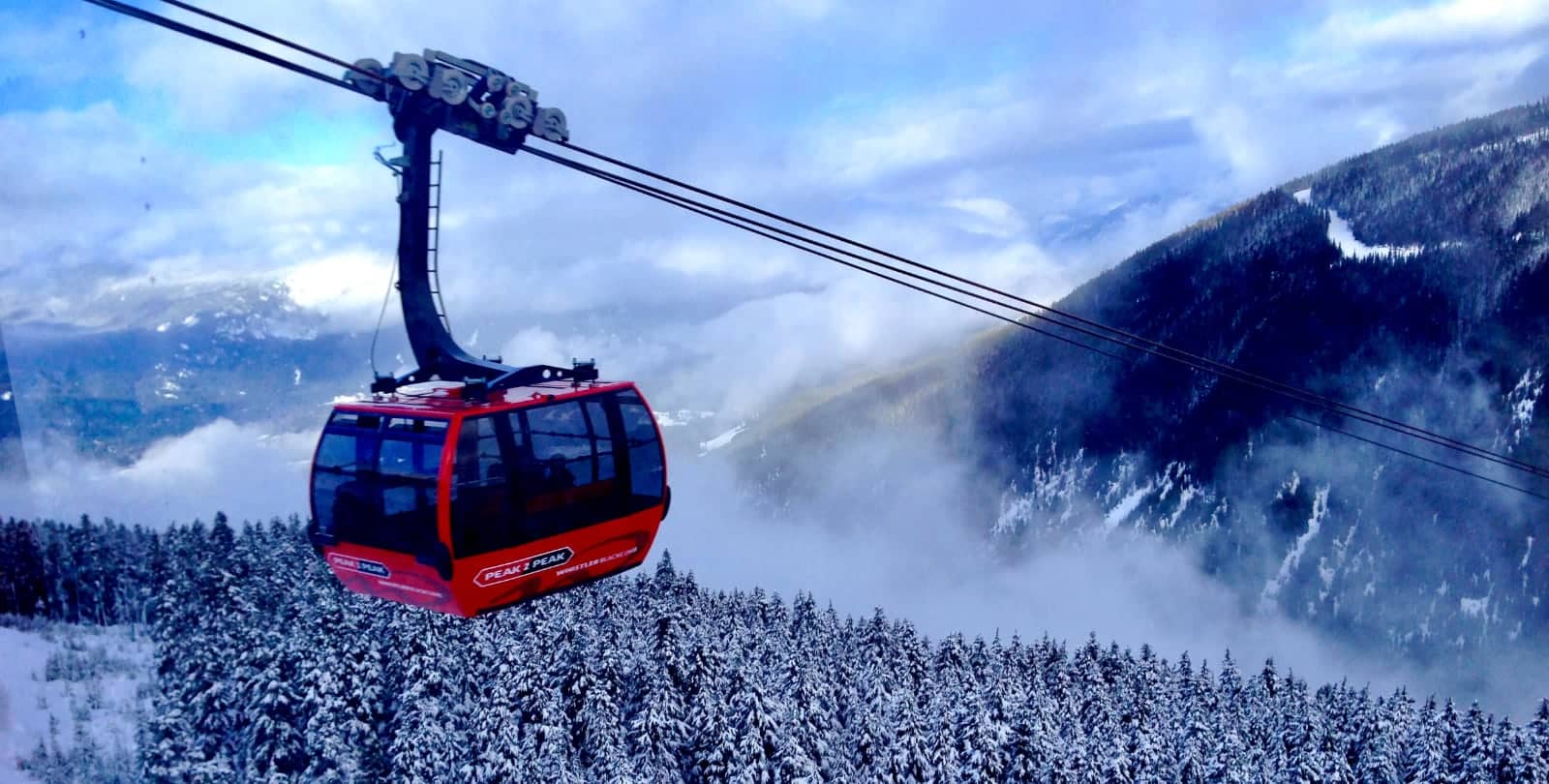 Red gondola passing over trees in mountains
