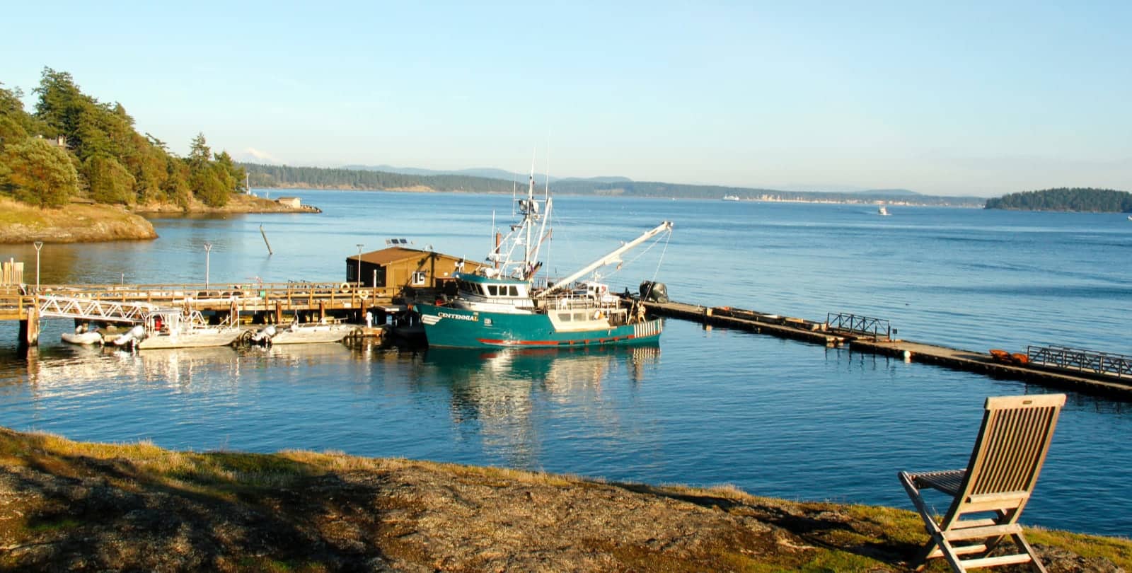 Small green and white fishing boat in harbour