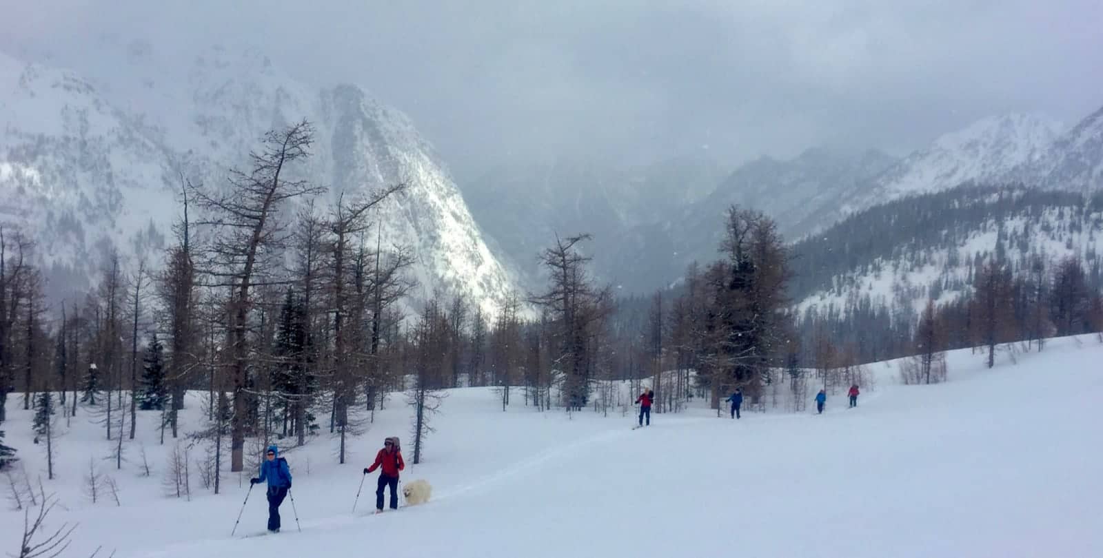 People cross country skiing in rugged mountains