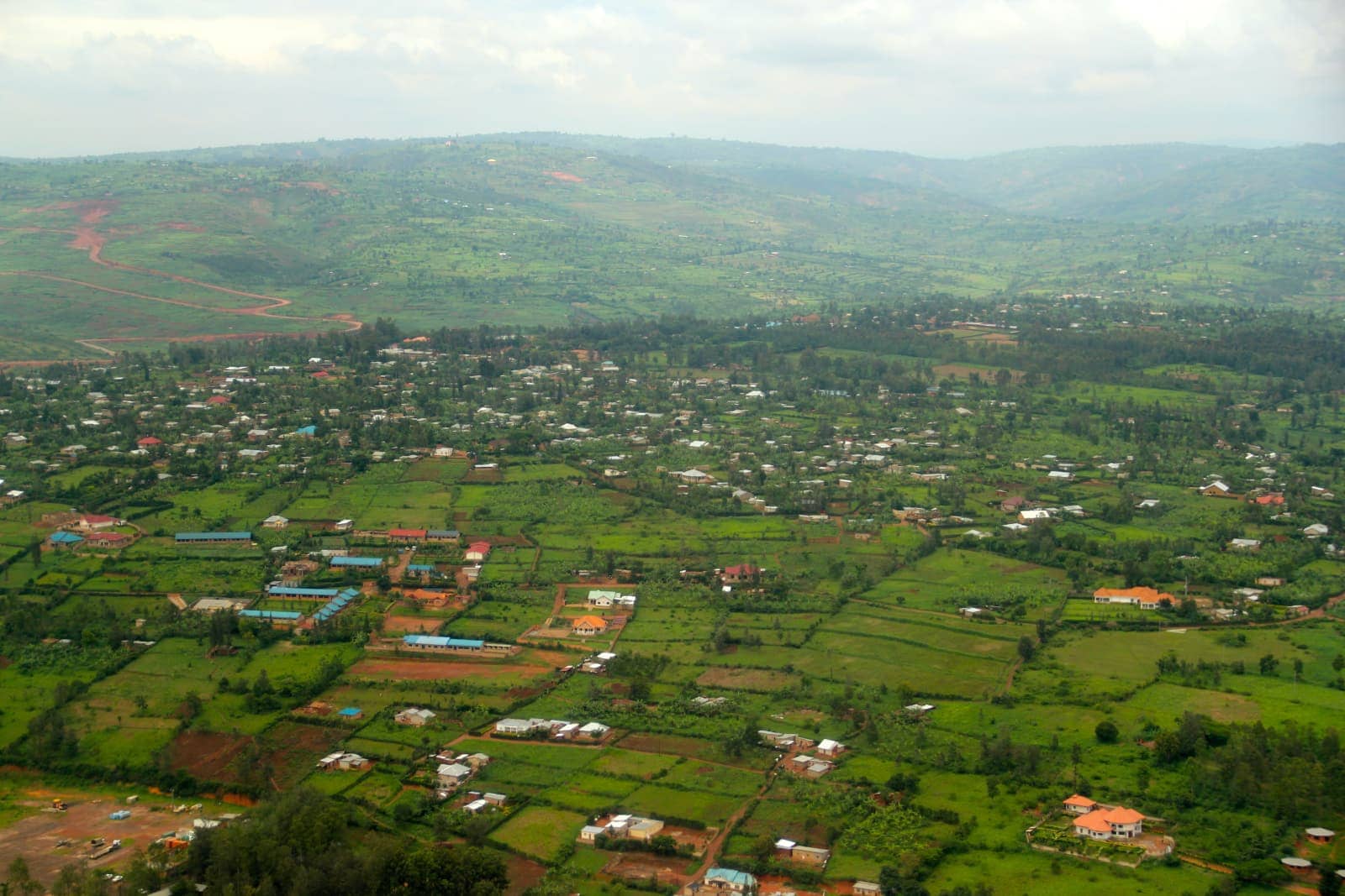 Aerial view of villages and green fields