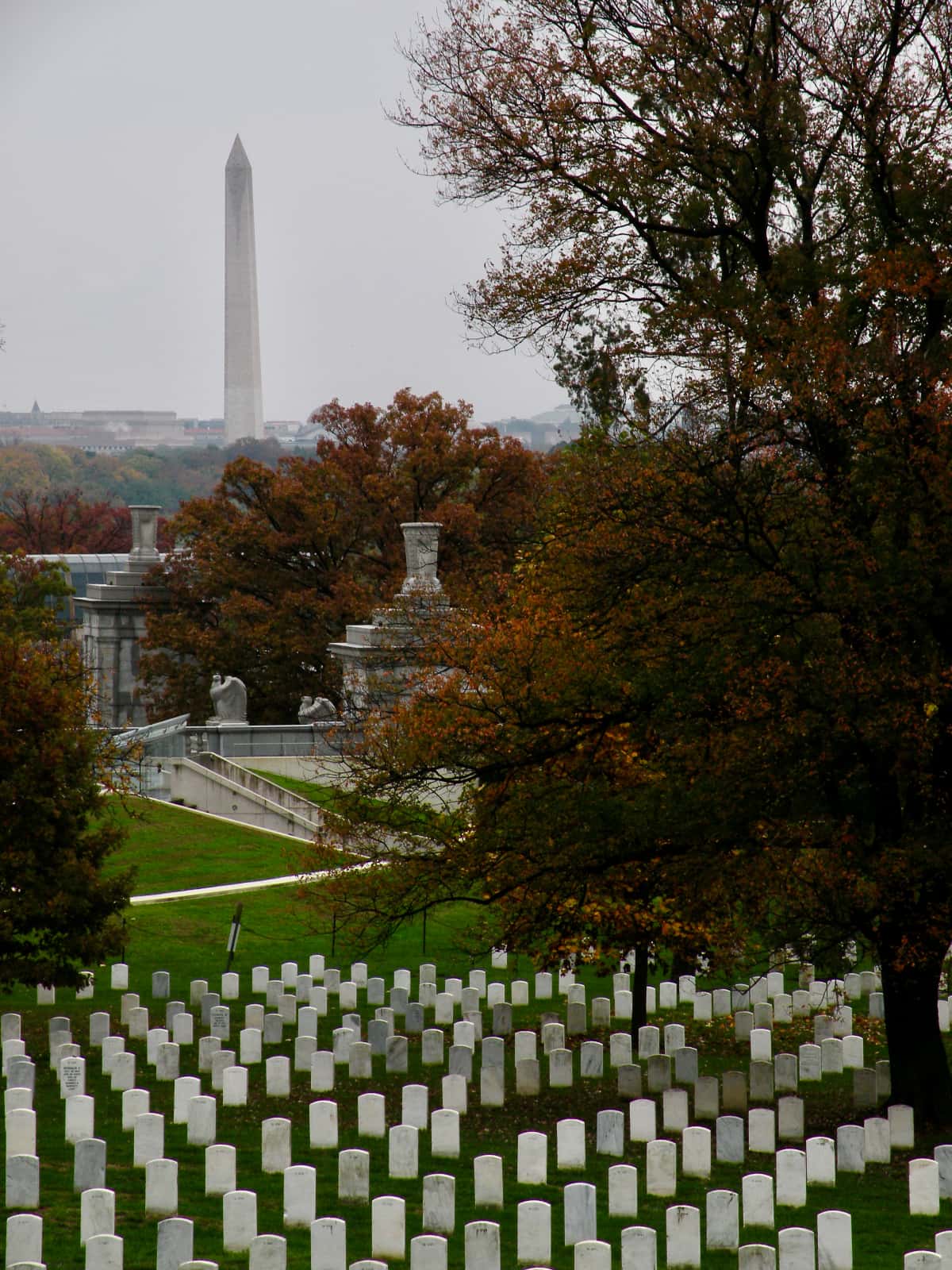 Cemetery in foreground with Washington monument in background