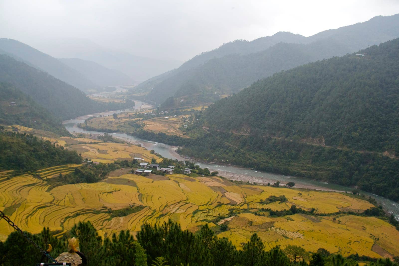 Green fields and river with hills in background