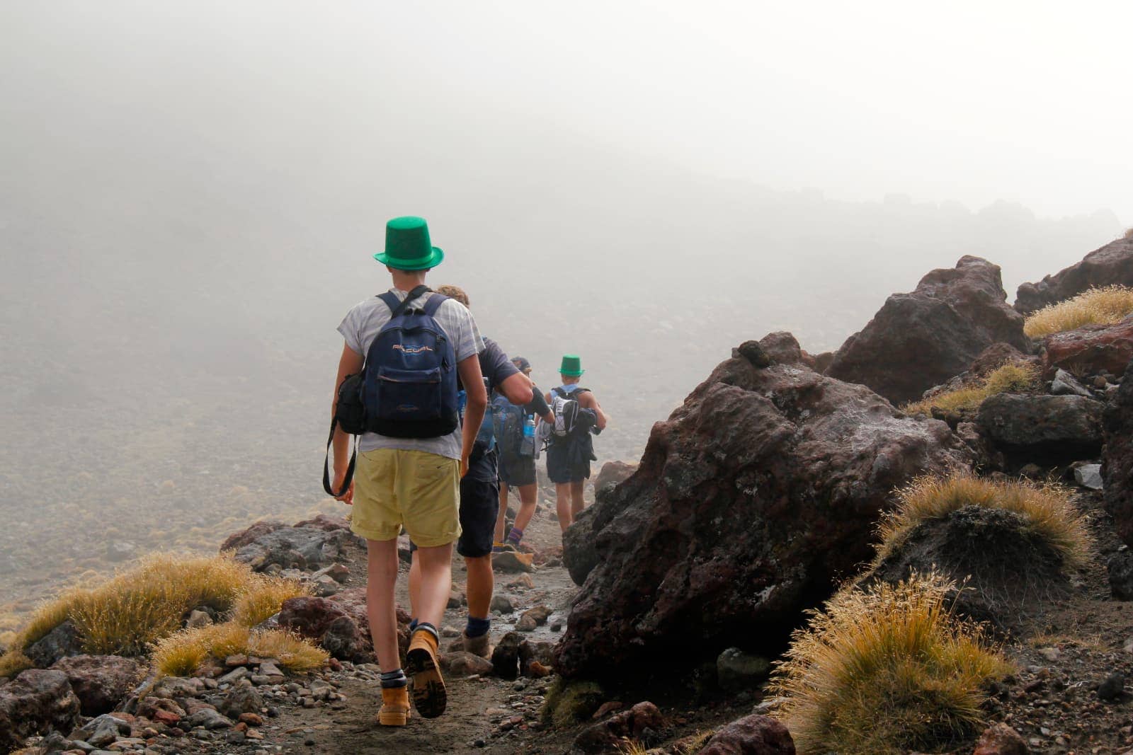 Group of hikers walking along rocky trail