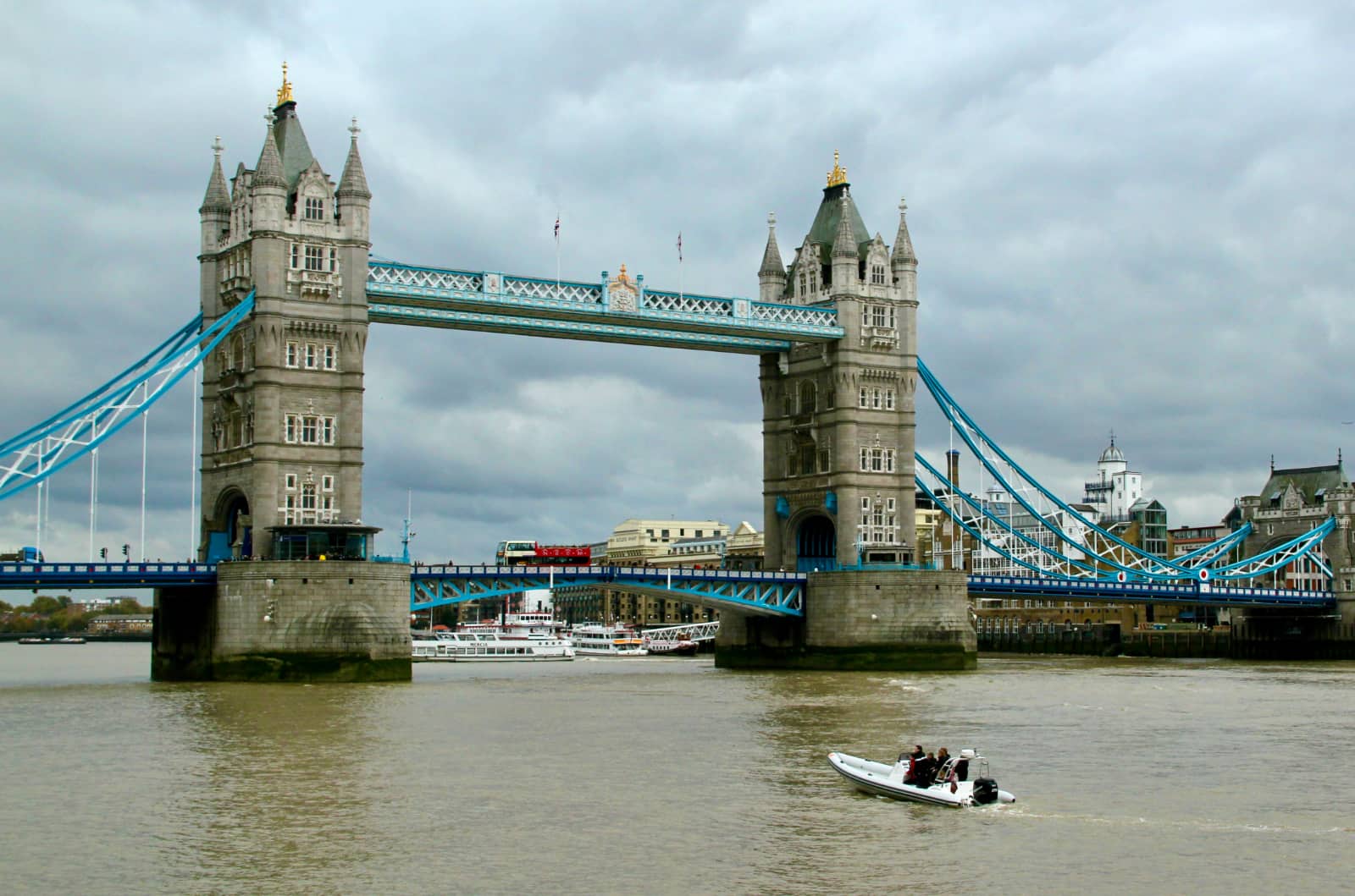 London Tower Bridge with grey clouds in background