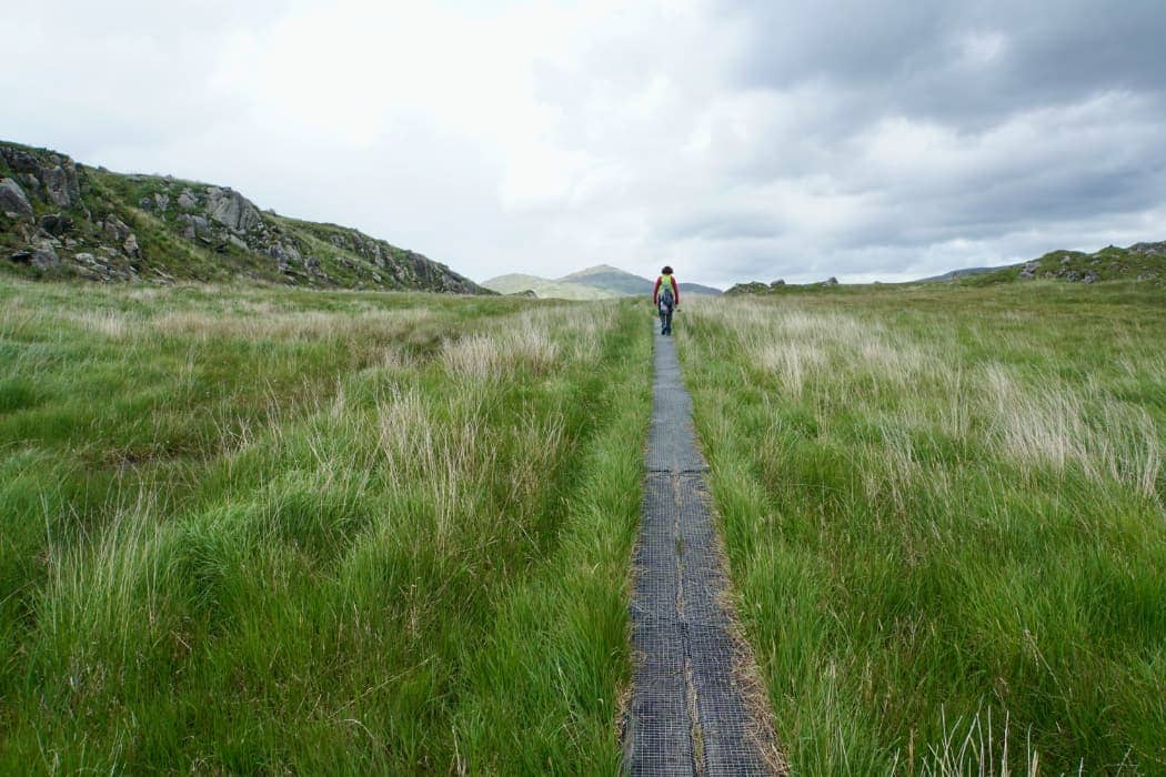 Lone hiker walking along trail