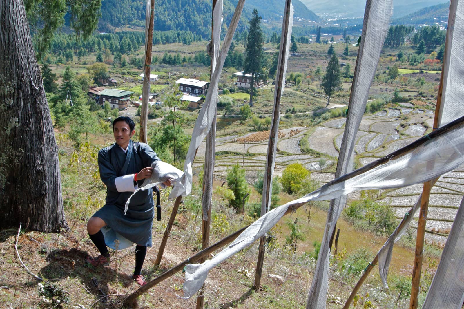 Man standing with white flags in foreground with trees and hills in background