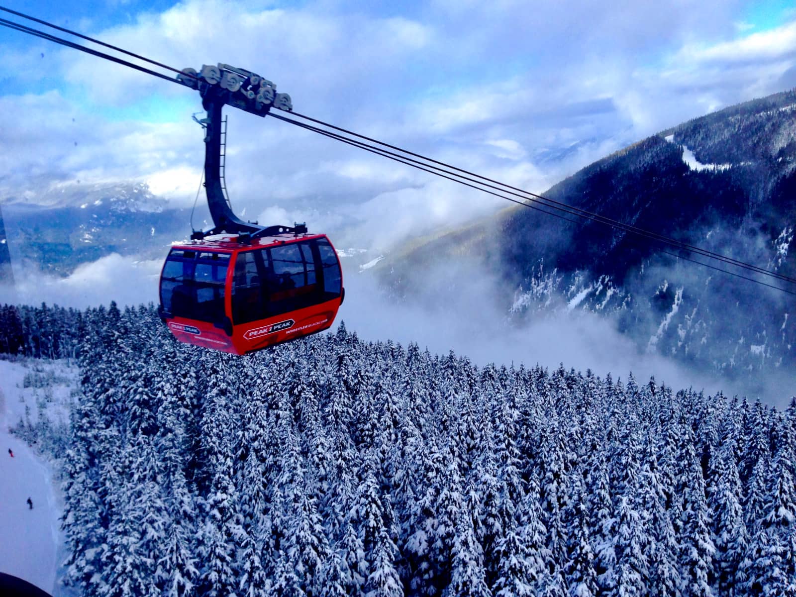 Red cable car heading to summit of mountain