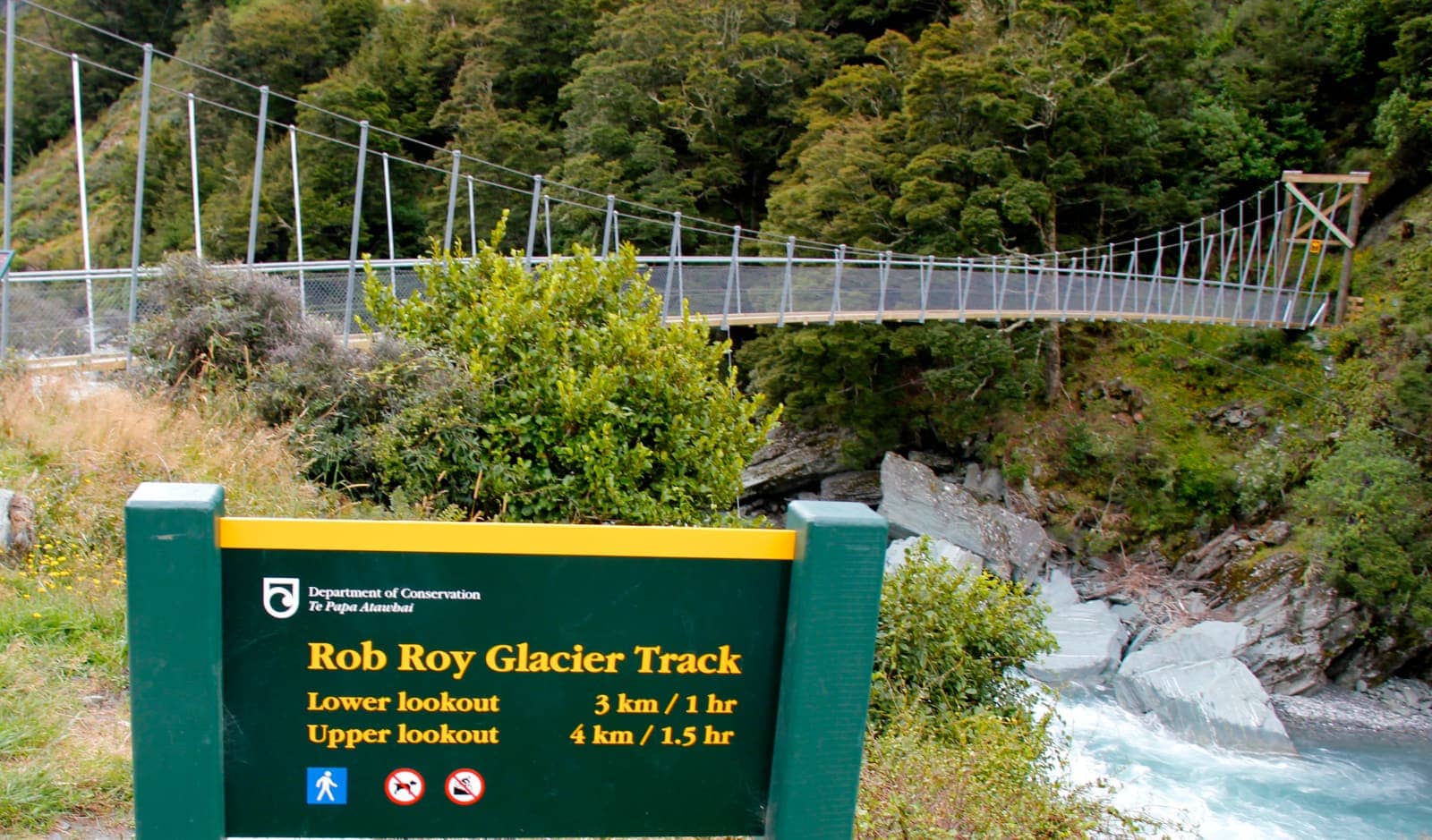 Suspension bridge leading to Rob Roy Glacier track