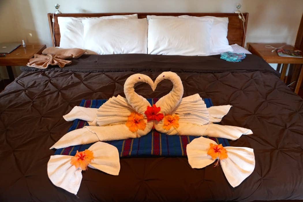 Towels folded into geese on hotel bed