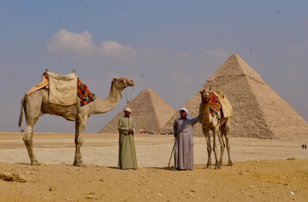 Two men holding camels in front of pyramids