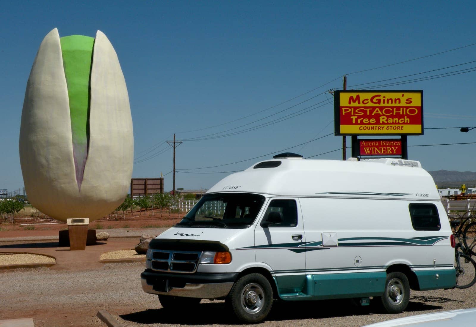 White camper van with giant pistachio in background