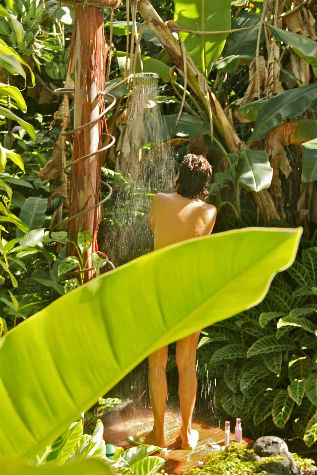 Woman taking shower in forest with leaf covering he midsection