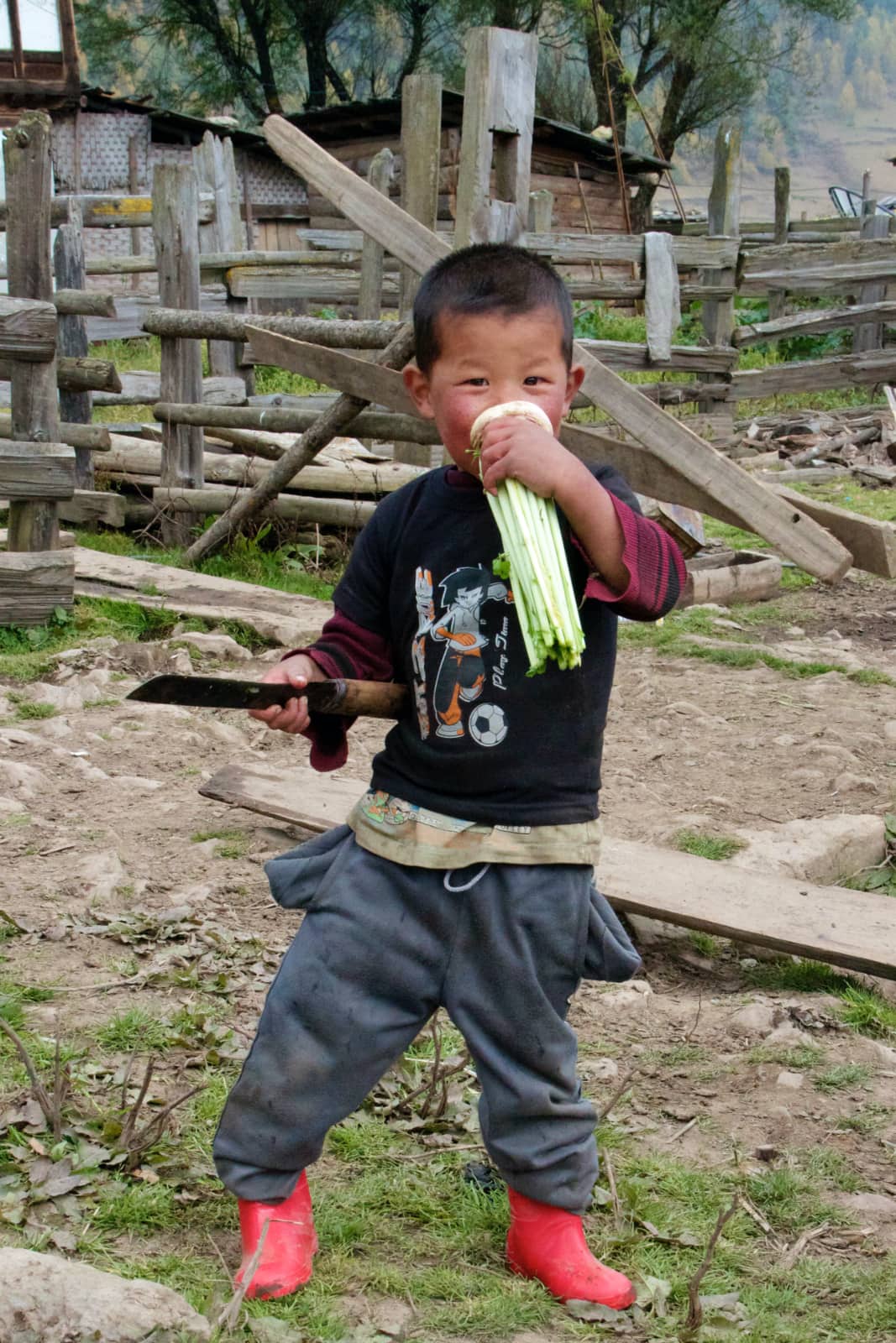 Young child with red boots smelling vegetable