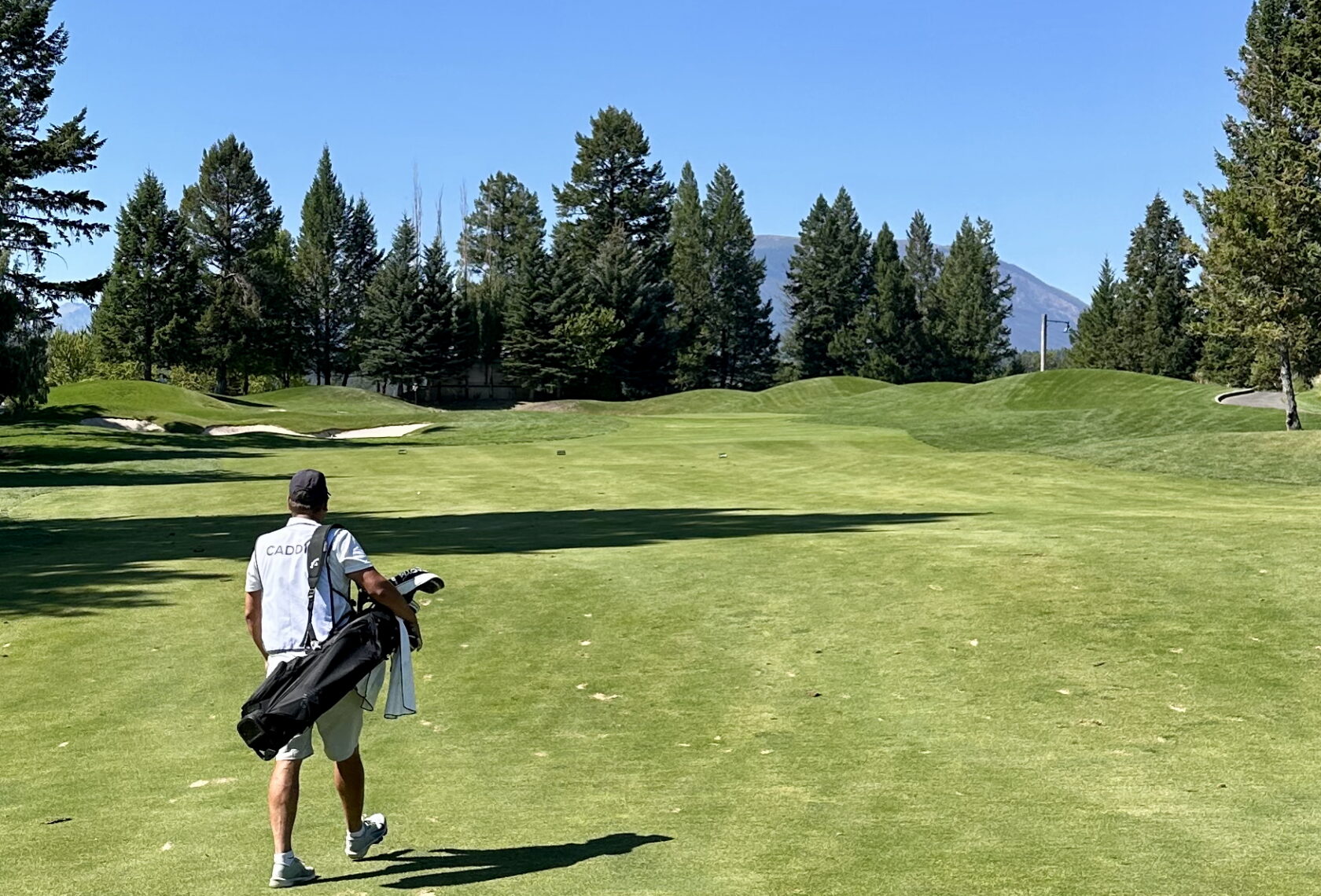 An image of a man holding a bag of golf clubs walking down the fairway of a golf course, away from the camera.