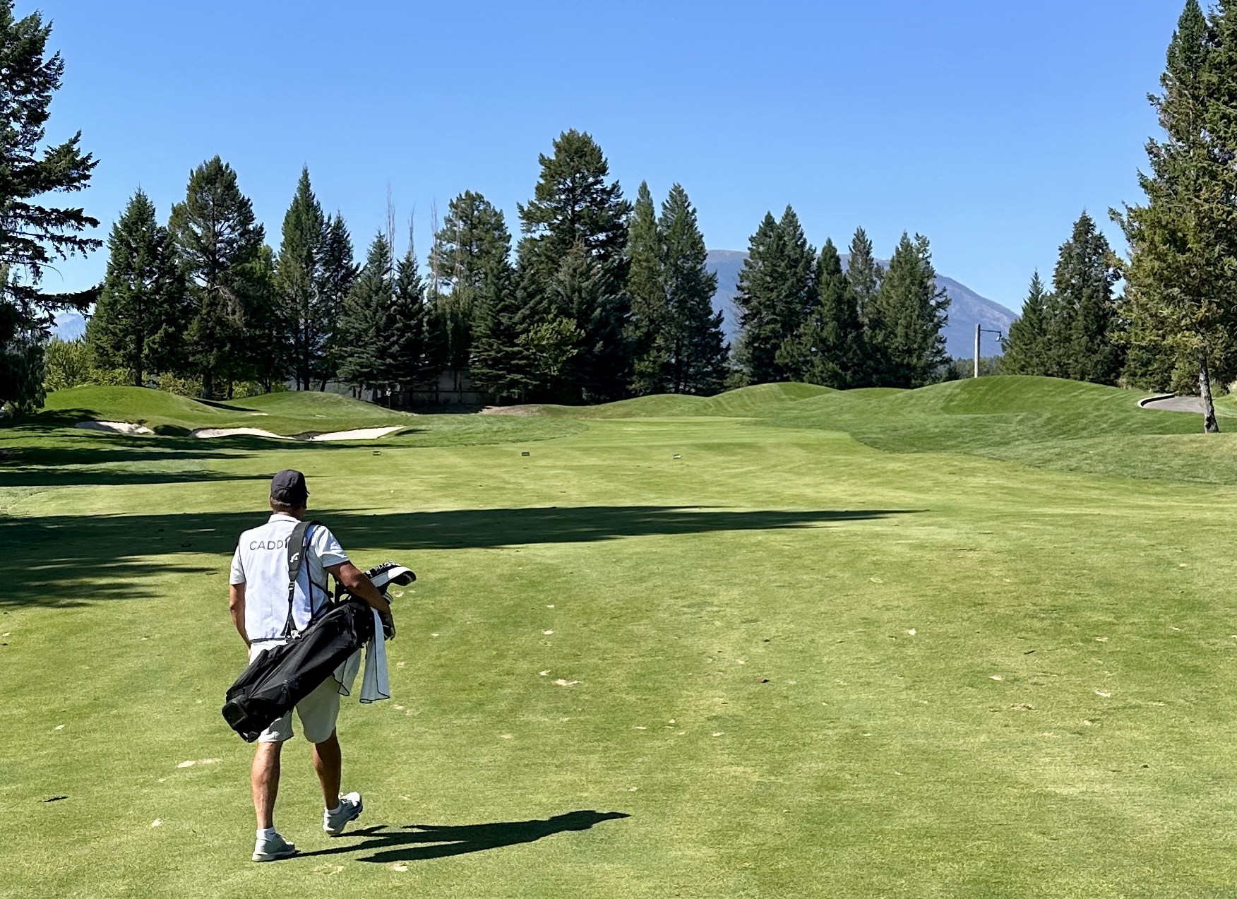 An image of a man holding a bag of golf clubs walking down the fairway of a golf course, away from the camera.
