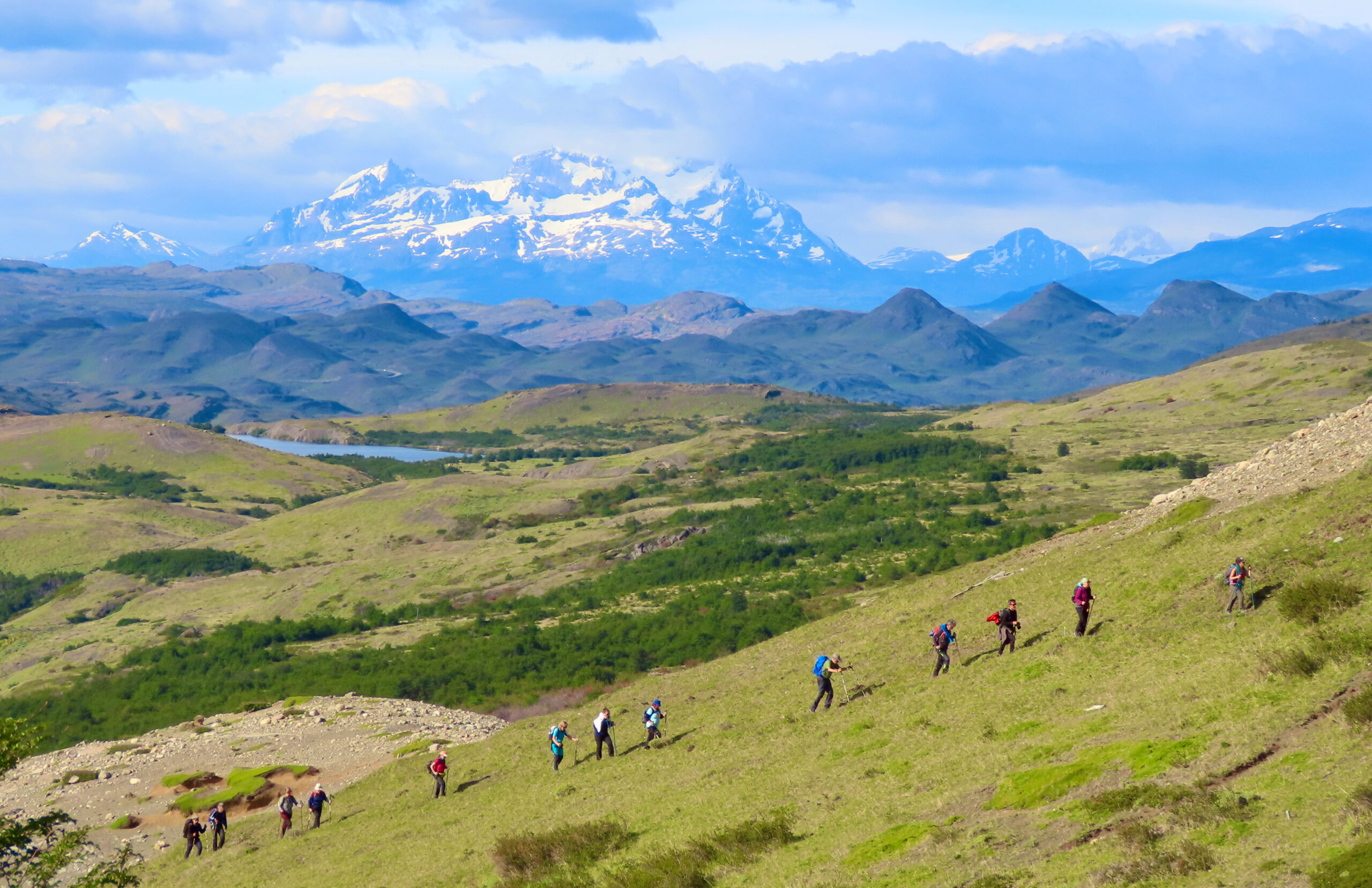 A line of hikers with trekking poles climbing a steep green hillside, with a vast Patagonian landscape behind them, including rolling hills, a blue lake, and snow capped mountains under a partly cloudy sky.